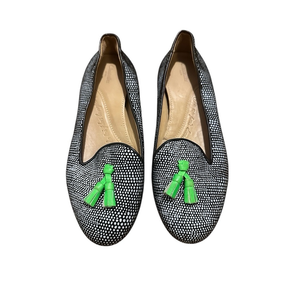 Chantelles Navy Leather Tassel Loafers Green Accent Leather Smoker Flats Sz 36